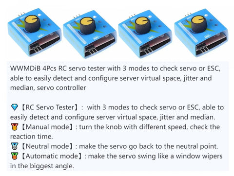 Set of 4 blue RC Servo Tester With 3 Modes For Servo And ESC Testing On The Go, featuring rotary knob and connection ports.