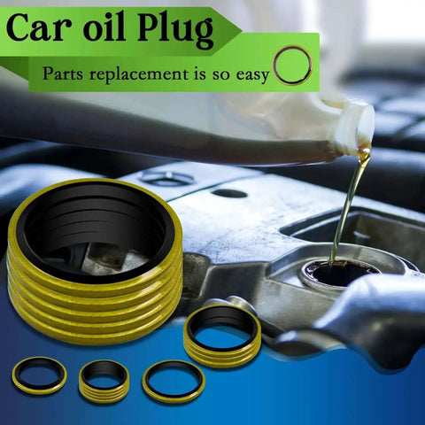 Pouring oil into engine with Bonded Sealing Washer Kit 378 Pcs in foreground; focus on self-centering automotive AC seal and gasket.