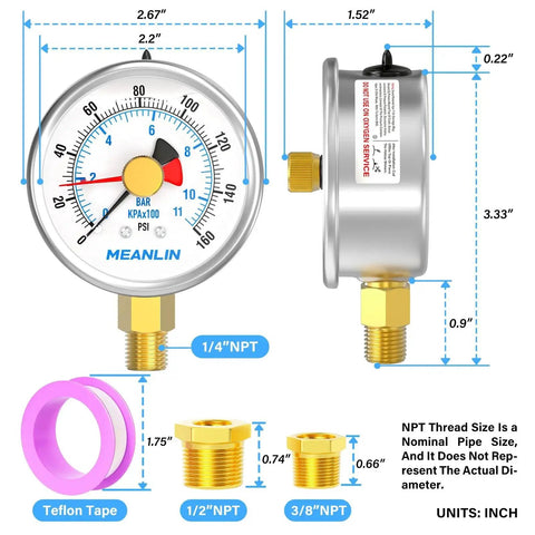 Liquid Filled Pressure Gauge With Reset Pointer 0 To 160 Psi Two And A Half Inch Dial Lower Mount 1 Quarter Inch NPT Stainless Steel WOG