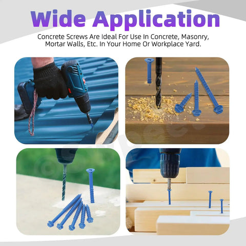 52 Piece Concrete Screw Anchor Kit With Drill Bit And Screwdriver Bit Swpeet Included, showing screws in wood, metal, and concrete.
