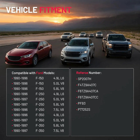 Vehicles on road at sunset with fitment chart for Ford models from 1990 to 1997, including F-150 and F-250 specifications.