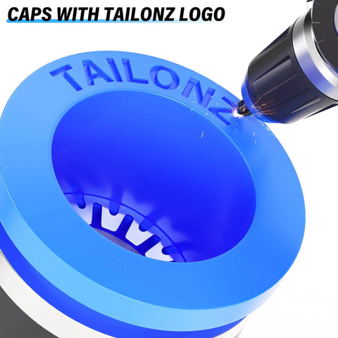 Tailonz blue plastic circular cap with embossed Tailonz logo, close-up view.