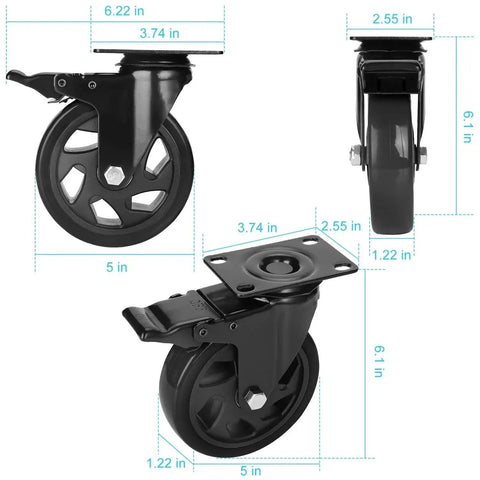 5 Inch Heavy Duty Caster Wheels Set Four Pack With 1800 Lbs Total Capacity And Steel Frame Top Plate Durable Plate Casters