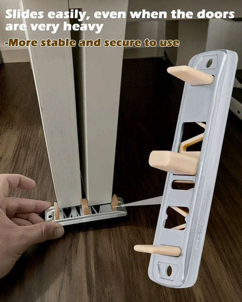 Sliding Closet Door Floor Guide Kit Compatible With Prime-Line N 6560, showing installation with brown nylon tips on wood floor