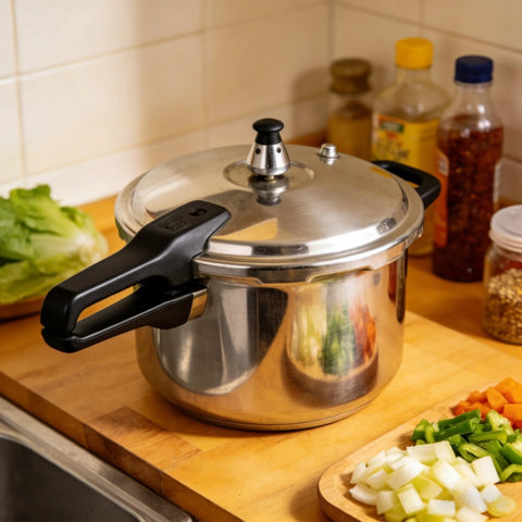 Pressure cooker, stainless steel with black side handles and vented lid on a wooden counter.