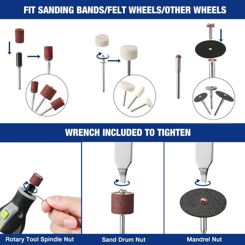 Diagram of All In One 698 Piece Rotary Tool Accessories Kit With Diamond Cutting Wheels Sanding Bands and Discs Flap Wheels