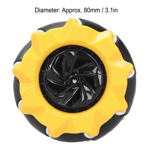 Close-up of yellow and black 80mm Mecanum Wheel Set For Omnidirectional Robot Cars And DIY Bots, Durable ABS Rubber Wheels