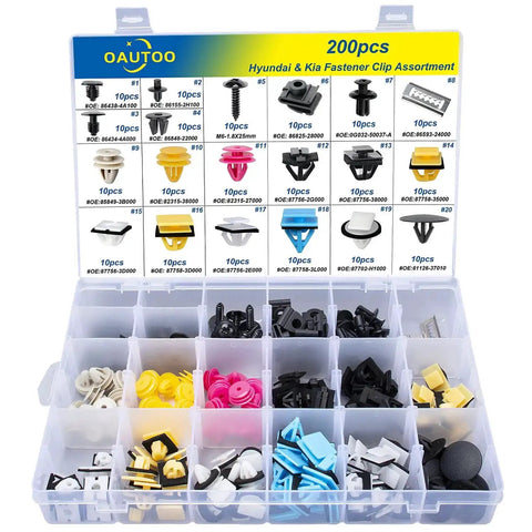 Beefy 200 Piece Hyundai And Kia Retainer Clip Kit For Body Interior And Exterior 20 Sizes Durable Nylon Construction Easy Replacement For Missing Or Damaged Clips in an open box showing various clip sizes and colors.