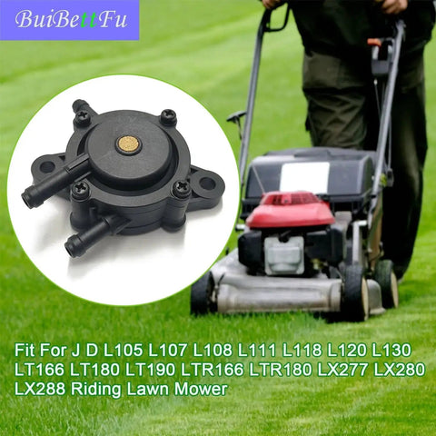 Replacement Fuel Pump For Lawn Mower With 24 393 04-S And 24 393 16-S 17HP To 25HP Engines Includes Fuel Filter And Fuel Line Shut Off Valve For Kawasaki Honda Deere Plug And Play Direct Fit Mower Parts shown with lawn mower