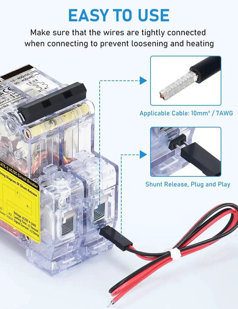 60A DC Circuit Breaker With Remote Control, showing cable connection for 12V-400V DC, 90-400V AC, with shunt release.