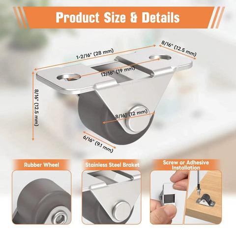 Dimensions and details of 0.5 Inch Mini Low Profile Caster Wheels With Self Adhesive Steel Plate Quiet Rubber Rolling Wheels