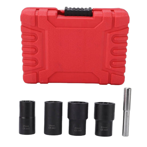 Five Piece Lug Nut Extractor Set For Stripped Bolts Chrome Molybdenum Steel with 17mm 19mm 21mm 22mm Sizes in red case