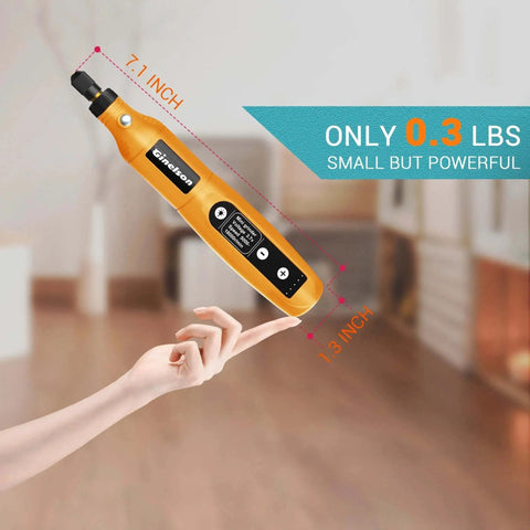 Cordless Mini Rotary Tool Kit GINELSON, shown on a finger, highlighting lightweight design, USB-C charging port visible.