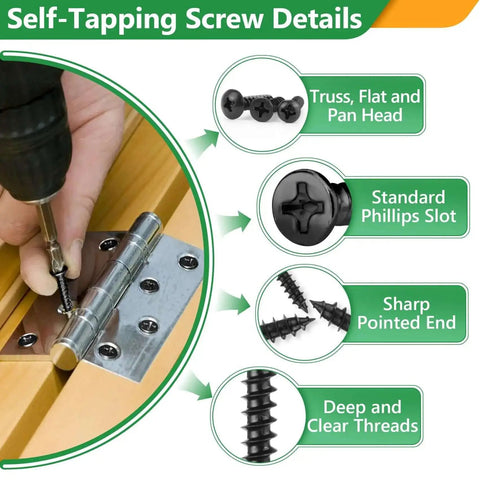 Close-up of 260 Pcs Sheet Metal Screws Assortment Kit Self Drilling Screws Kit M3 M4 M5 M6 Black Carbon Steel and their features