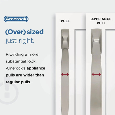 Comparison of Amerock's appliance pull and standard pull showing Champagne Bronze 24 Inch Center-To-Center Appliance Pull width.