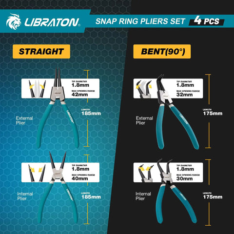 Pro Grade 7 Inch Snap Ring Pliers Set For Internal And External Circlips With Straight And 90 Degree Bent Jaw Tips
