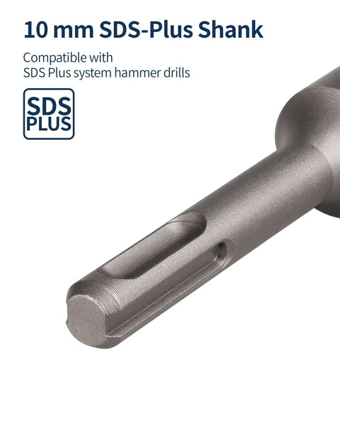 Four Cutter Carbide Tipped Head Three Eighths Inch By Twelve Inch SDS Plus Rotary Hammer Drill Bit 10 mm shank close-up
