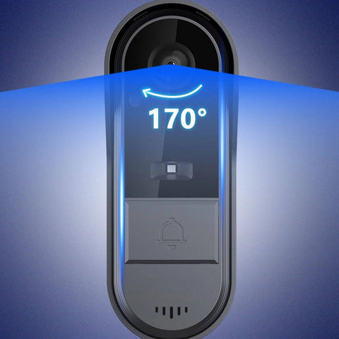 Weatherproof IP65 doorbell camera with 170-degree view, part of Video Doorbell System With 8 Inch Touch Screen Monitor, Clear Day And Night Vision, Remote Unlock, Two Way Audio, Motion Detection Alerts, Weatherproof IP65 Doorbell Camera For Real Time Visitor Watch And Easy No Fuss Home Security, shown close-up with angle indicator.