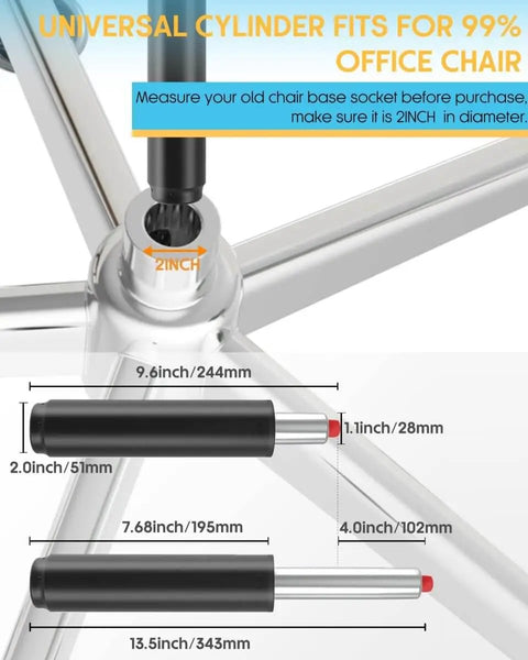 Universal Size Chair Cylinder Replacement, 4 Inch Stroke, Heavy Duty Gas Lift For Office Desk Chairs And Gaming Chairs, Hydraulic Piston Cylinder, Fits Most Chairs, Supports Up To 1000 Lbs, Easy Install, Class 3 close-up of measurement details showing diameter and length.