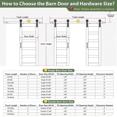 Guide on choosing barn door and hardware size with diagrams and measurements for 32x84 Inch Glass Sliding Barn Door Slab With 5.5ft Hardware Kit Included.