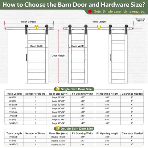 Diagram for choosing barn door and hardware size with measurements for single and double door installation.