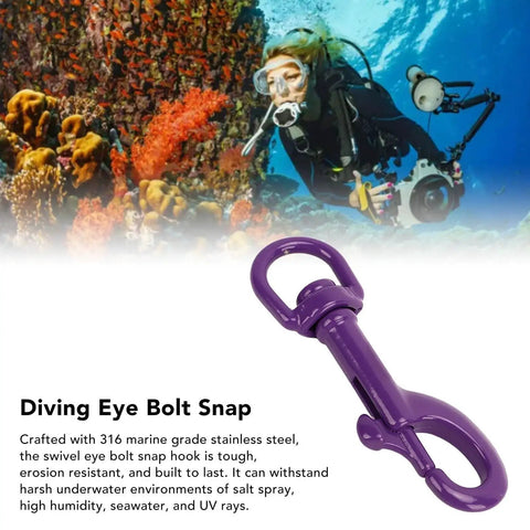 Purple swivel eye bolt snap clip, 75mm, marine-grade 316 stainless steel, close-up view