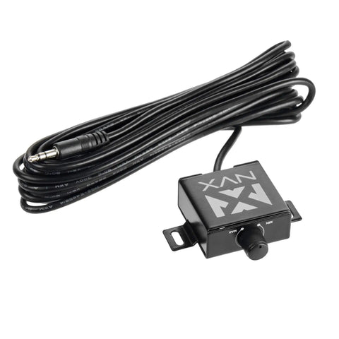 Black control box with knob and attached cable for Beefy 600W RMS Two Channel Marine Amplifier With 1200W Peak Bridgeable Micro Class D IPX67 Waterproof