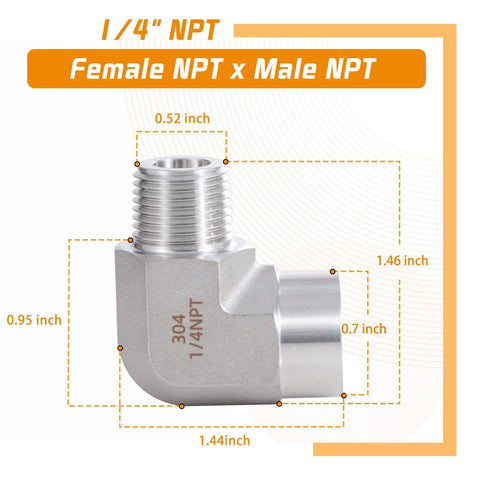 Stainless steel 90-degree barstock pipe elbow, 1/4 NPT female x 1/4 NPT male, 304 grade, 2-pack.