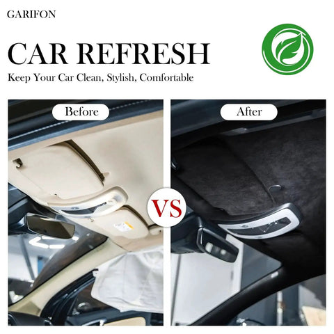 Before and after comparison of car interior with Suede Headliner Fabric With Foam Backing For Auto Interiors 96x60 Black installed.