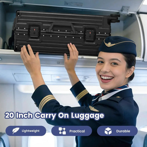 Flight attendant placing 20 Inch Carry On Luggage With Aluminum Frame Zipperless Hard Shell And Spinner Wheels in overhead bin.