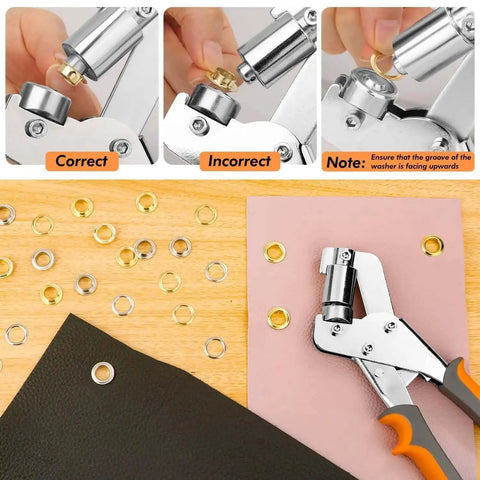 3/8 Inch Grommet Tool Kit With 800 Eyelets And Grommets showing grommet pliers on leather with instructions for use