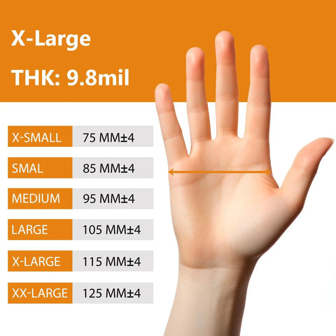 Hand size chart for Industrial Nitrile Gloves Heavy Duty Diamond Textured Orange XL 100 Count.