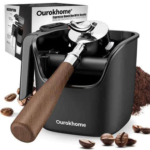 Knock Box For Espresso Grounds, Go To Pro Grade Stainless Steel Barista Tool With Removable Knock Bar, Handle And Lid, Dishwasher Safe, 4.8 Inch, Black, Your Countertops Stay Clean Between Shots displayed with coffee beans and grounds.
