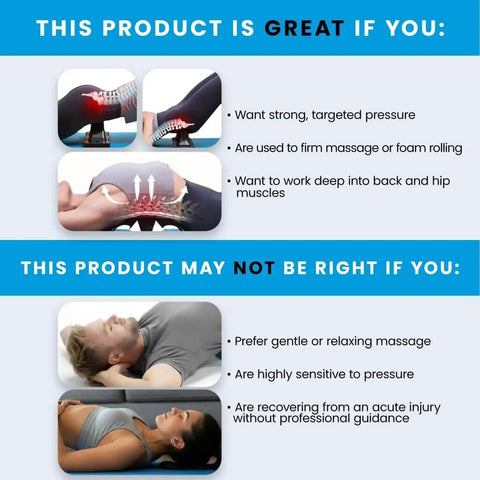 Infographic showing benefits and cautions of Fully Adjustable Psoas Release Tool For QL Hip Flexor Back Hamstring Glute Iliacus And Neck Pain With Trigger Point And Myofascial Release For Deep Tissue Massage Head Attachments For Self Massage At Home And Easy Grip Design.