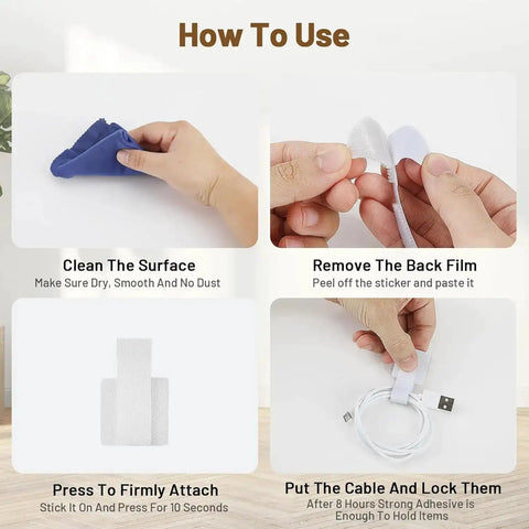 Step-by-step instructions for using Heavy Duty Cable Organizer Kit For Desk And PC Setup Reusable Nylon Cable Ties.
