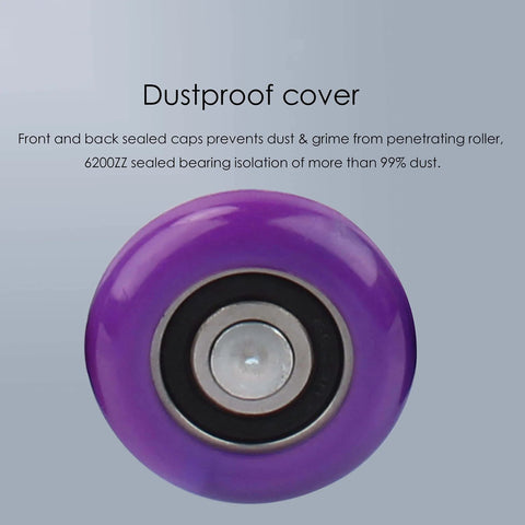 Close-up of a purple Quiet Nylon Garage Door Roller with 4 Inch Stem, Durable 6200ZZ Bearing, dustproof cover visible.