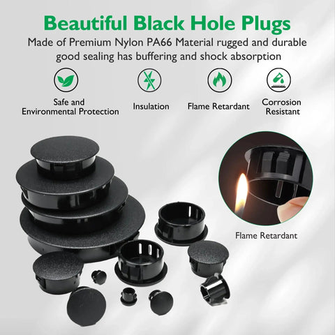 2 Inch Plastic Hole Plugs Flush Type Panel Snap In Locking Door Shelf Hole Cover For Round Drilling Holes Cabinet Cupboard Shelves End Caps Black Set Of 4 displayed with flame retardant feature