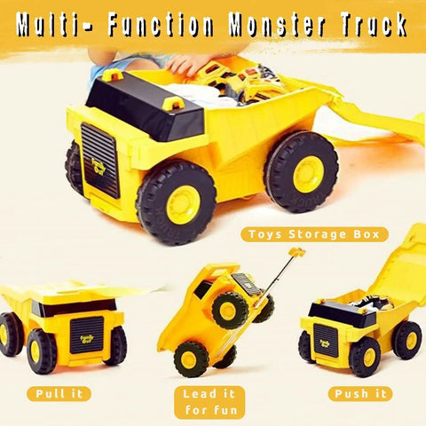 Multi-function yellow monster truck design ride on kids travel suitcase with wheels, ABS material and pull strap, for toddlers and toys.