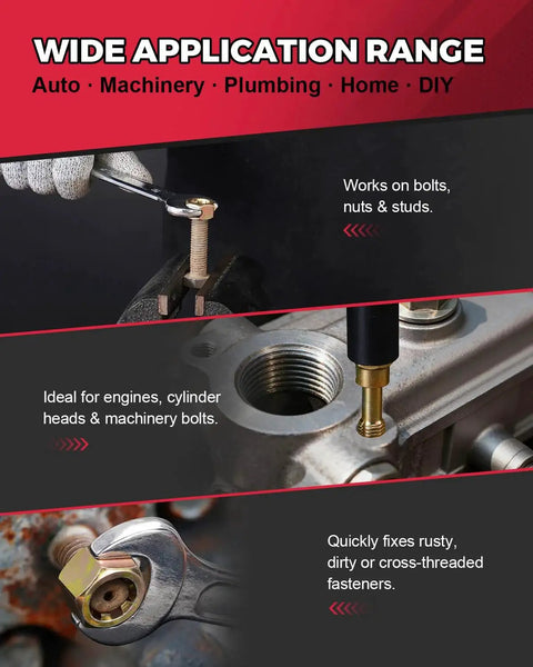 Ultimate Heavy Duty Thread Repair Kit For Rethread Damaged Threads On Bolts Nuts And Holes With 61 Pieces Including 28 Taps 28 Dies 3 Thread Files And 2 Pitch Gauges For Metric And SAE UNC UNF And M6 Through M14 Standards Kolvoii usage examples on bolts, nuts, and engine parts.