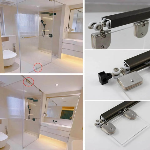 Ultra Quiet Roller Sliding Glass Door Track Kit for Barn Pocket Wood Closet or Bypass Doors, Ceiling Mounted With Aluminum Rails, installed in a bathroom with close-up views of components.