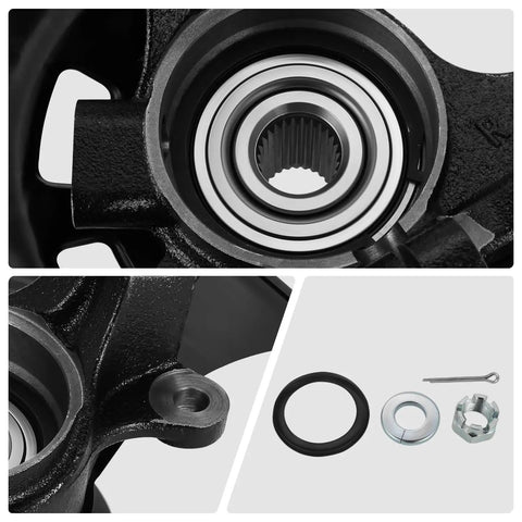 Front Right Passenger Side Loaded Knuckle Assembly For Hyundai Sonata 2011-2013 No Sport Suspension With 27 Splines Replacement Part OEM-KNCK-025-R 698462 517163R010 5172038110 close-up and components displayed in image.