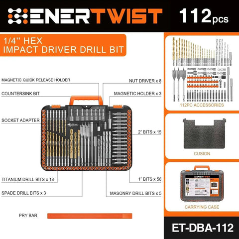 All In One 112 Piece Drill Bit Set With One Quarter Inch Hex Shank For Impact Driver And Screwdriver Bits In A Durable Tough Case For Wood Metal Masonry Drilling And Fastening ENERTWIST