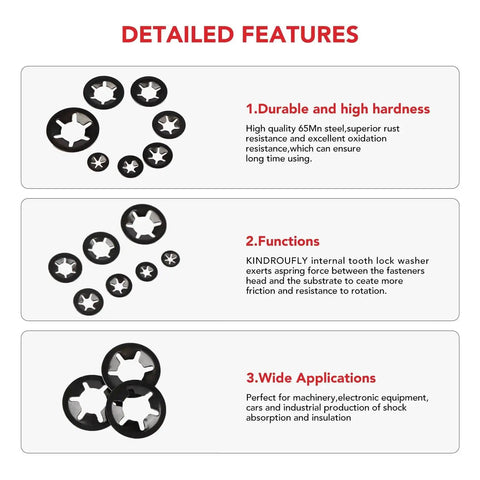 Detailed features of Grab N Go 350Pcs Internal Tooth Star Lock Washers And Push Nuts Kit, showcasing durability, functions, applications.
