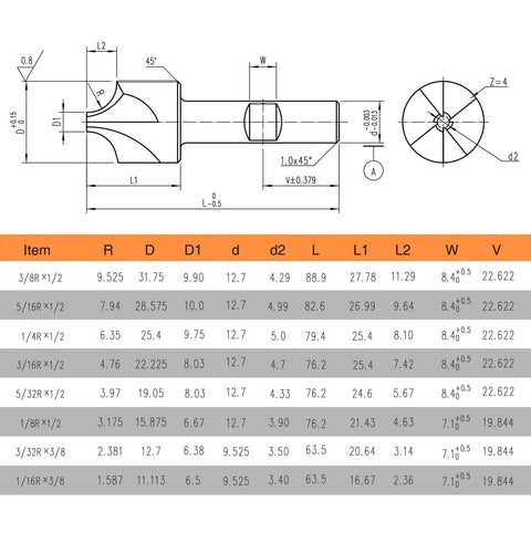 Technical diagram of Corner Rounding End Mill Set 8 Piece HSS M2 Milling Bits For Precise Metalworking From 1/16 To 3/8 Inch With Form Relieved Design Pro Grade Durability Tungsten Molybdenum Alloy For DIY CNC And Pro Shop Projects.