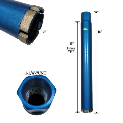 2 Inch Diamond Core Drill Bit For Wet Drilling, Pro Grade Laser Welded Core Bit For Hard Concrete Masonry Brick And Block, 15 Inch Drilling Depth, 1-1/4 To 7 Arbor, Heavy Duty Wet Core Bit displaying side and close-up view.