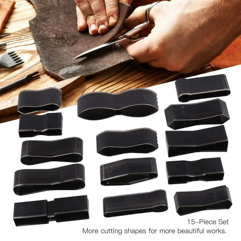 Pro Grade 15 Pcs Leather Cutting Dies Set With Hole Hollow Cutter Tools For DIY Leather Crafting And Fabric Projects Heavy Duty Metal Punch Kit For Leatherware Clay Rubber Plastic And More, showing metal dies and cutting leather.