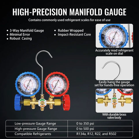 VTG VOGTEN 3-way manifold gauge set with blue and red gauges, brass valve body and hanging hook.