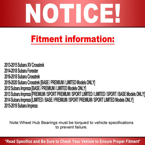 Fitment notice for rear wheel bearing hub assembly 2-piece set for Subaru Forester, Crosstrek, Impreza 2013-2020 models