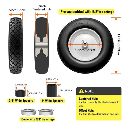 Flat Free Solid Tire And Wheel Set Two Pack 4.80 4.00 8 Inch For Wheelbarrows Hand Trucks Garden Trailers And Wagons With 5/8 Inch And 3/4 Inch Bearings And Adjustable 3 To 7 Inch Centered Hub Universal 14 To 16 Inch Fit