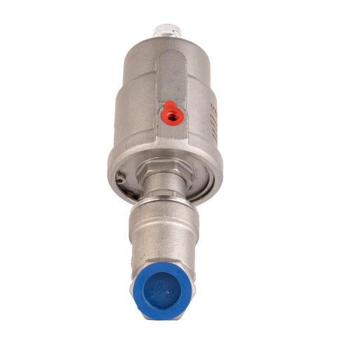 UNOX 3/4 in stainless steel pneumatic valve with angle-seat design, blue bottom cap, red side port and threaded connection